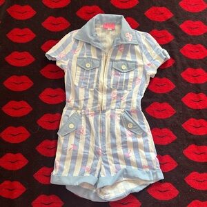 Unique vintage Barbie beach blue pinstripe romper XS